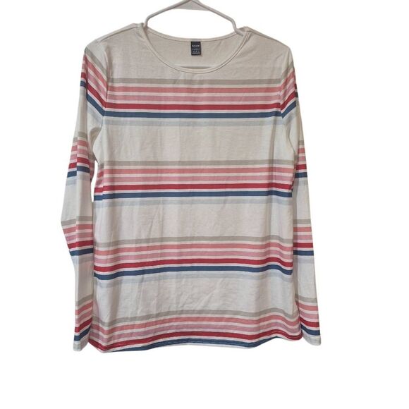 Shein Women's White w Colorful Stripes Poly/Spandex Long Sleeve T-shirt EUC - Picture 2 of 10